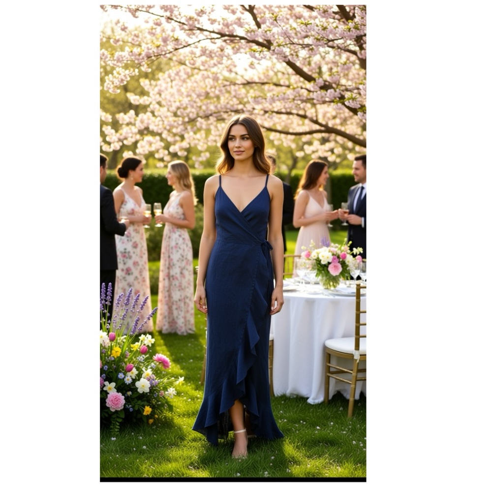 J.McLaughlin Emilia sleeveless navy linen wrap midi dress with ruffle side trim